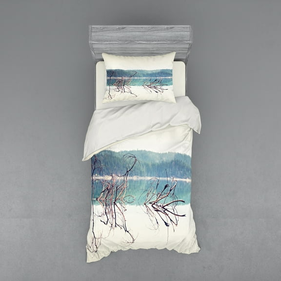 Ambesonne Nature Bedding Set 3 Pcs, Fallen Tree in Beach, Twin, Cream Green