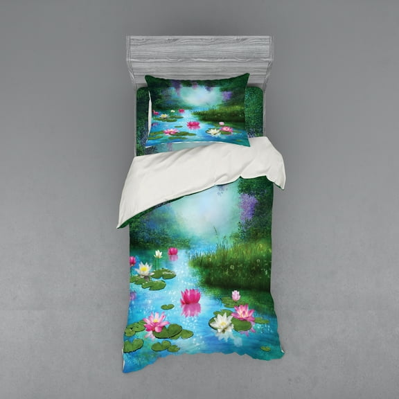 Ambesonne Nature Bedding Set 3 Pcs, Fantasy Pond Water Lily, Twin, Aqua Pink Green
