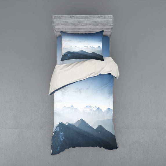 Ambesonne Nature Bedding Set 3 Pcs, Foggy Morning Mountain, Twin, Pale Blue