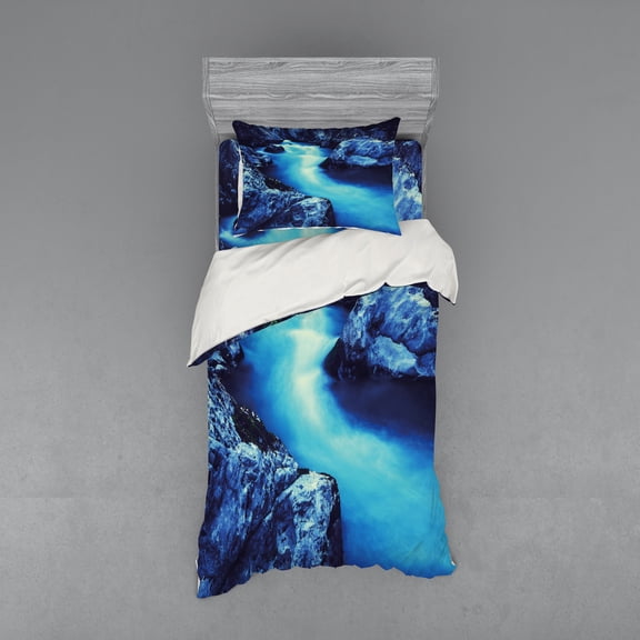 Ambesonne Nature Bedding Set 3 Pcs, Frozen Lake in Winter, Twin XL, Blue and Black