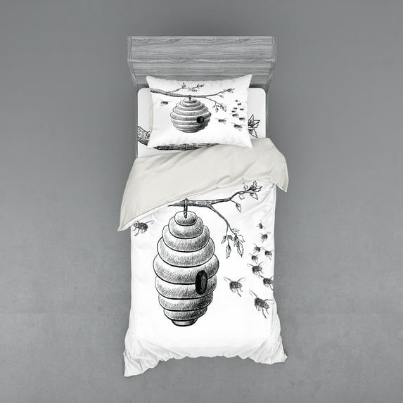 Ambesonne Nature Bedding Set 3 Pcs, Hand Drawn Honeycomb, Twin, Charcoal Grey White