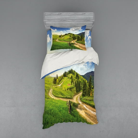 Ambesonne Nature Bedding Set 3 Pcs, Hillside Meadow Trees, Twin XL, Green Blue
