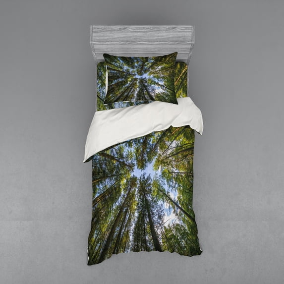 Ambesonne Nature Bedding Set 3 Pcs, Jungle Moss Forest Trees, Twin, Forest Green Sky Blue