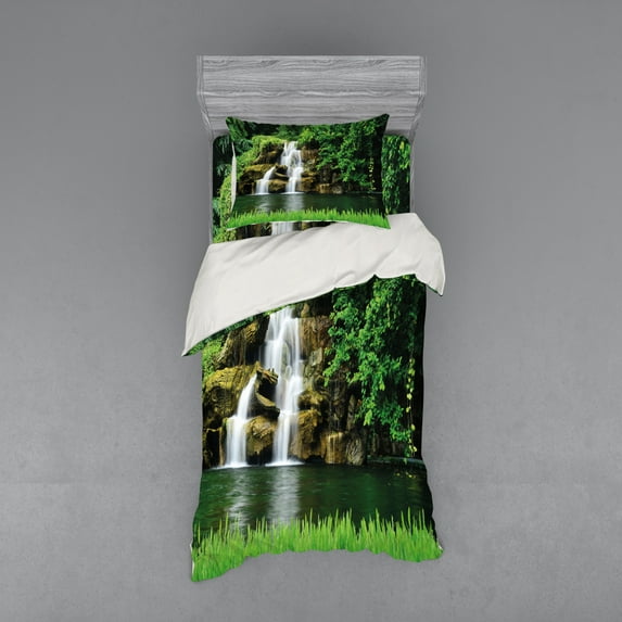 Ambesonne Nature Bedding Set 3 Pcs, Lake Garden Waterfall, Twin XL, Green