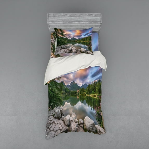 Ambesonne Nature Bedding Set 3 Pcs, Lake by Forest Mountain, Twin, Multicolor
