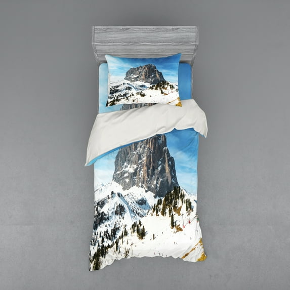 Ambesonne Nature Bedding Set 3 Pcs, Mediterranean Snowy Peak, Twin XL, Brown Blue White