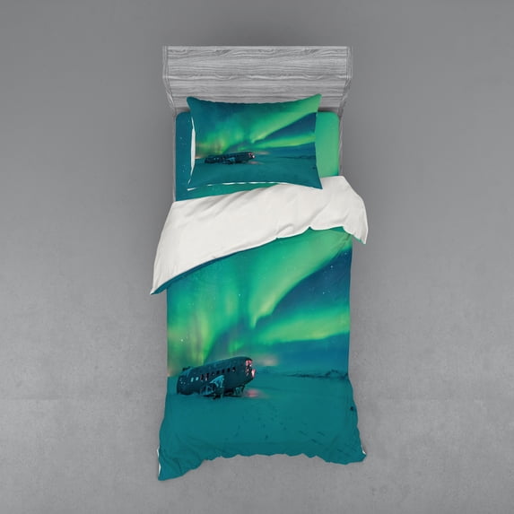 Ambesonne Nature Bedding Set 3 Pcs, Misty Winter Day, Twin, Petrol Blue Lime Green