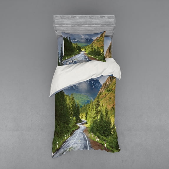 Ambesonne Nature Bedding Set 3 Pcs, Mountain Landscape Road, Twin, Green Grey Brown