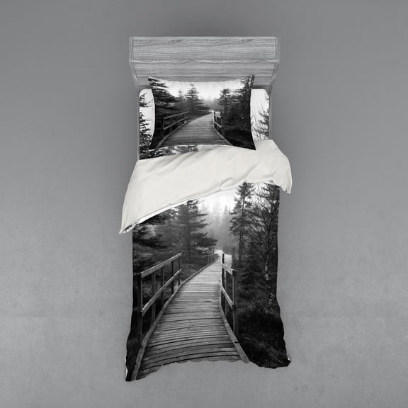 Ambesonne Nature Bedding Set 3 Pcs, Pathway into Wilderness, Twin, Black and White
