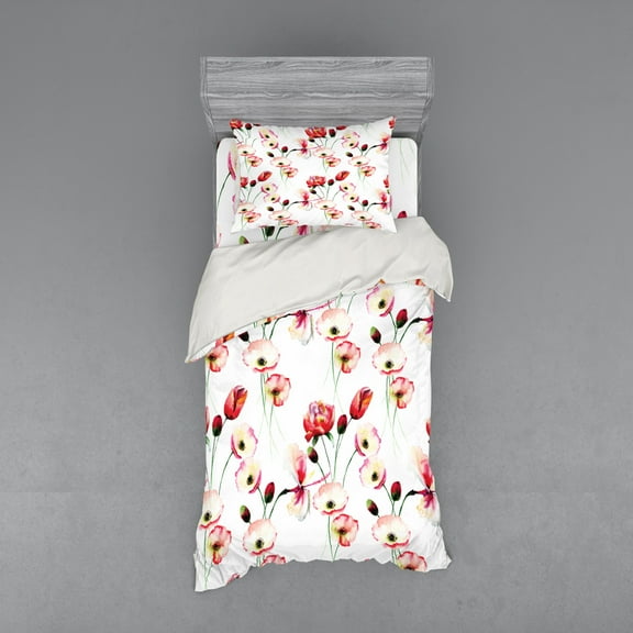 Ambesonne Nature Bedding Set 3 Pcs, Poppy Flowers Branches, Twin XL, Multicolor