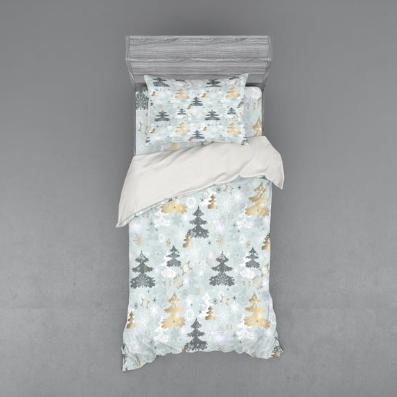 Ambesonne Nature Bedding Set 3 Pcs, Retro Soft Pine Tree, Twin XL, Blue Grey and Dark Mustard