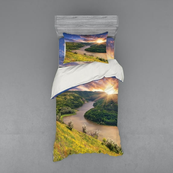 Ambesonne Nature Bedding Set 3 Pcs, Rising Sun Calm River, Twin, Multicolor