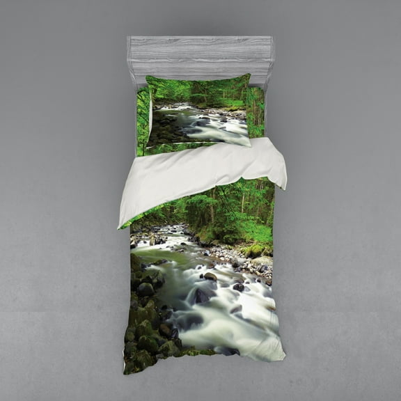 Ambesonne Nature Bedding Set 3 Pcs, Riverbed Rocks Trees, Twin XL, Green Grey White