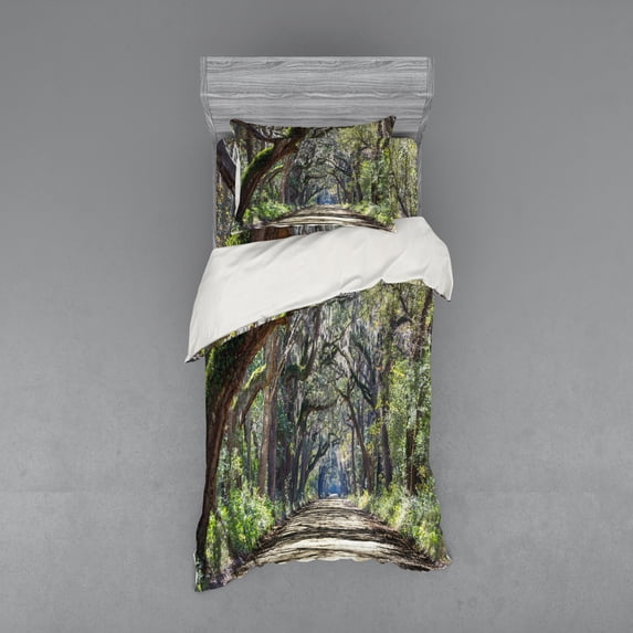 Ambesonne Nature Bedding Set 3 Pcs, Road in Forest Carolina, Twin XL, Fern Green Umber
