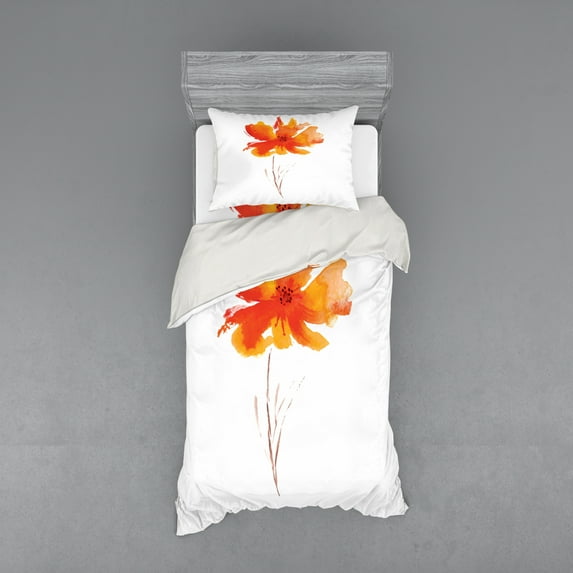 Ambesonne Nature Bedding Set 3 Pcs, Romantic Poppy, Twin, White Orange