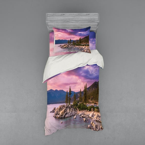 Ambesonne Nature Bedding Set 3 Pcs, Secret Paradise Forest, Twin, Grey Pink