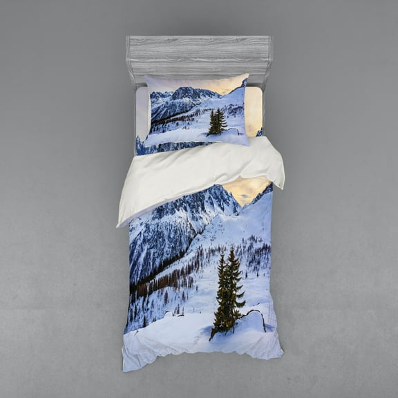 Ambesonne Nature Bedding Set 3 Pcs, Snowy Mountain Winter, Twin XL, White Green