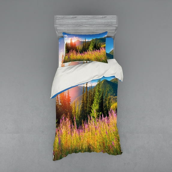 Ambesonne Nature Bedding Set 3 Pcs, Spring Flowers Mountain, Twin, Green Pink