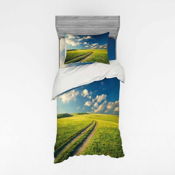 Ambesonne Nature Bedding Set 3 Pcs, Spring Rural Country, Twin, Apple Green Dark Blue