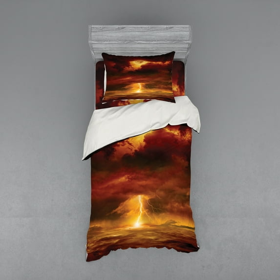 Ambesonne Nature Bedding Set 3 Pcs, Storm Full Moon Beams, Twin, Orange Yellow