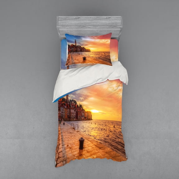 Ambesonne Nature Bedding Set 3 Pcs, Sunset Seashore Coast, Twin XL, Brown Yellow
