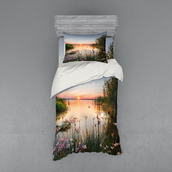 Ambesonne Nature Bedding Set 3 Pcs, Sunset at Chudskoy Lake, Twin, Pale Blue Pale Pink