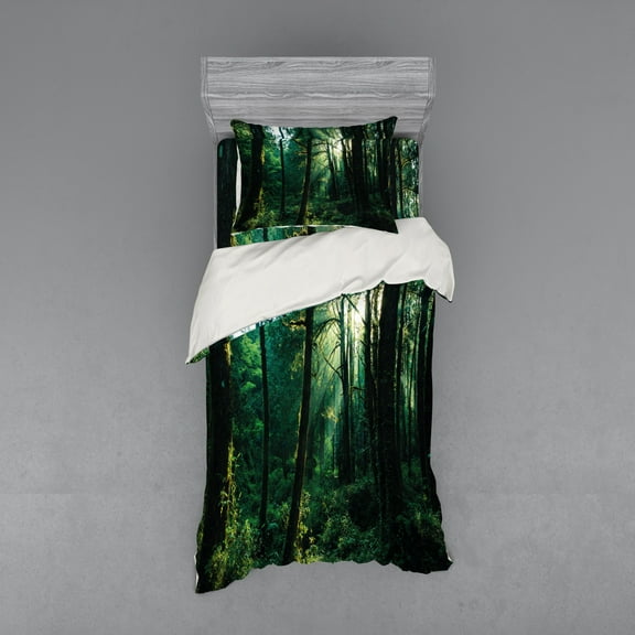 Ambesonne Nature Bedding Set 3 Pcs, Sunset in Woods Trees, Twin, Forest Green Pale Yellow