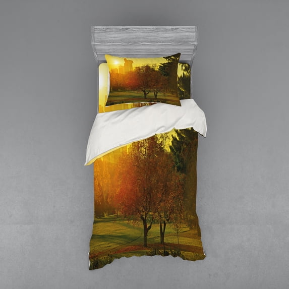 Ambesonne Nature Bedding Set 3 Pcs, Sunset over City Park, Twin, Fern Green Dark Orange