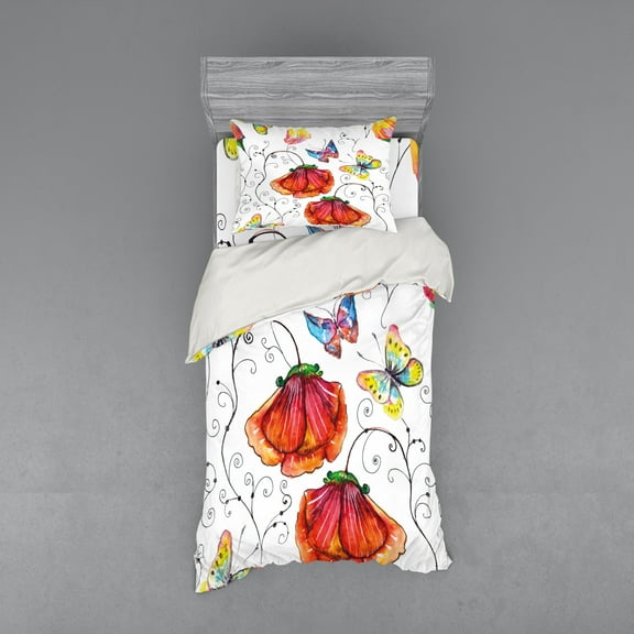 Ambesonne Nature Bedding Set 3 Pcs, Swirled Flowers Flamingo, Twin, Multicolor