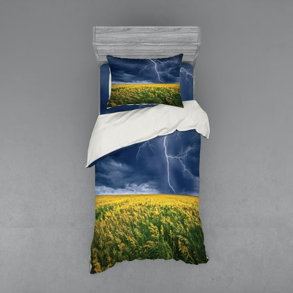 Ambesonne Nature Bedding Set 3 Pcs, Thunder Bolt Rural Field, Twin XL, Yellow Blue