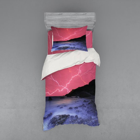 Ambesonne Nature Bedding Set 3 Pcs, Thunderstorm Phenomena, Twin XL, Pink Grey