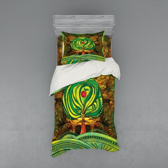 Ambesonne Nature Bedding Set 3 Pcs, Vivid Apple Tree Lines, Twin XL, Green Brown