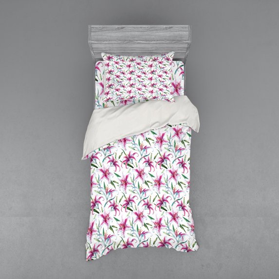 Ambesonne Nature Bedding Set 3 Pcs, Vivid Wild Lily Flora, Twin, Purple Green