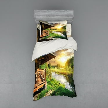 Ambesonne Nature Bedding Set 3 Pcs, Wooden House by the Lake, Twin, Multicolor