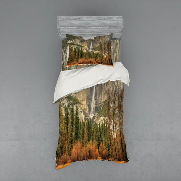 Ambesonne Nature Bedding Set 3 Pcs, Yosemite Falls Trees, Twin, Orange Green