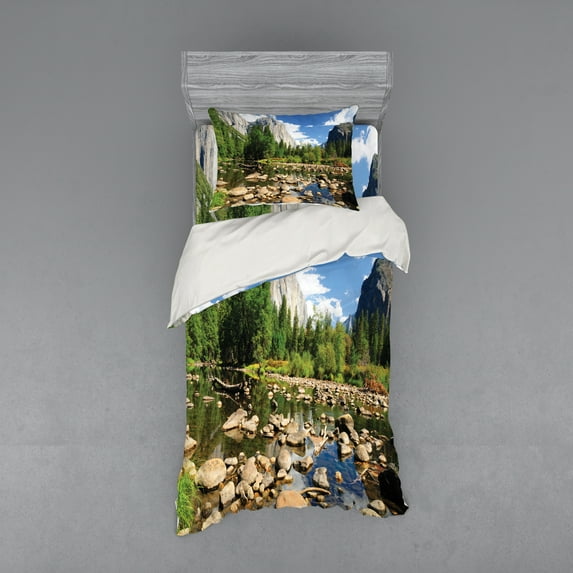 Ambesonne Nature Bedding Set 3 Pcs, Yosemite Forest River, Twin, Green Blue