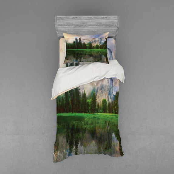 Ambesonne Nature Bedding Set 3 Pcs, Yosemite Tree, Twin, Beige Green