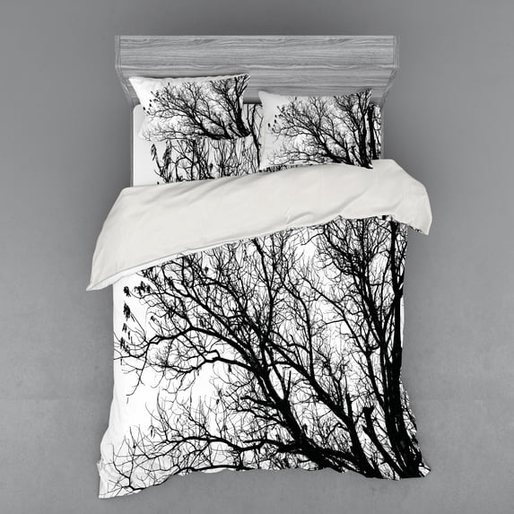 Ambesonne Nature Bedding Set 4 Pcs, Autumn Fall Tree Branch, Queen, Black and White