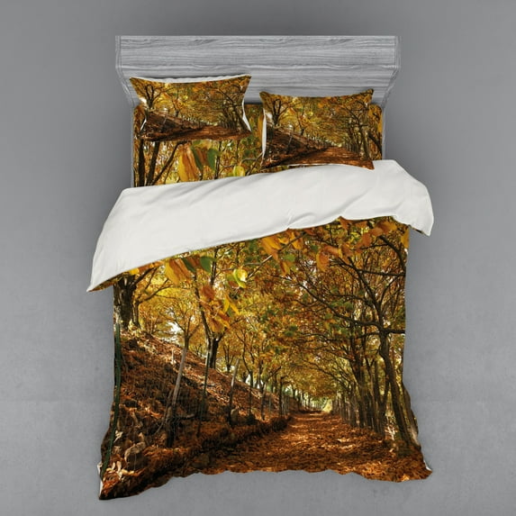 Ambesonne Nature Bedding Set 4 Pcs, Autumn Foliage Forest, Queen, Brown Amber Marigold