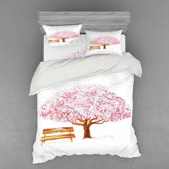Ambesonne Nature Bedding Set 4 Pcs, Blooming Cherry Tree, Queen, Pink Brown