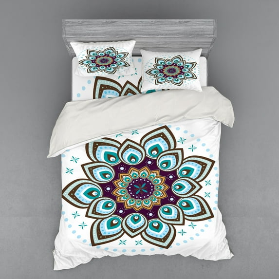 Ambesonne Nature Bedding Set 4 Pcs, Boho Blooming Flower, Queen, Purple Brown and Teal