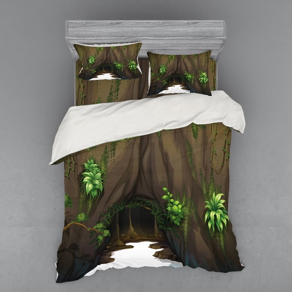Ambesonne Nature Bedding Set 4 Pcs, Fantasy Tree Cave Moss, Queen, Fern Green Chocolate