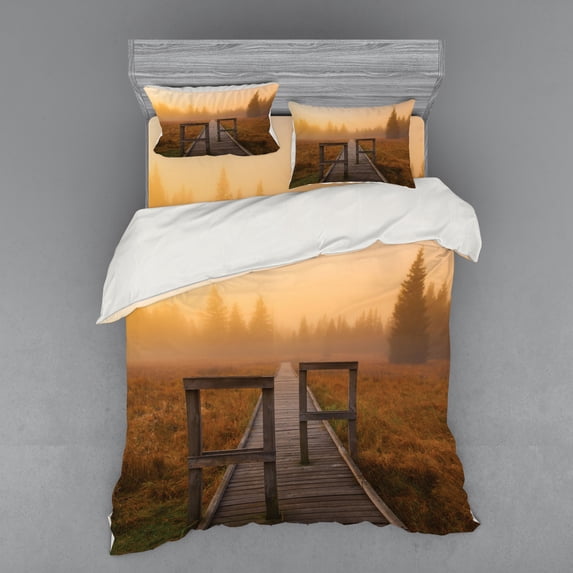 Ambesonne Nature Bedding Set 4 Pcs, Foggy Day Fall Forest, Queen, Orange Brown