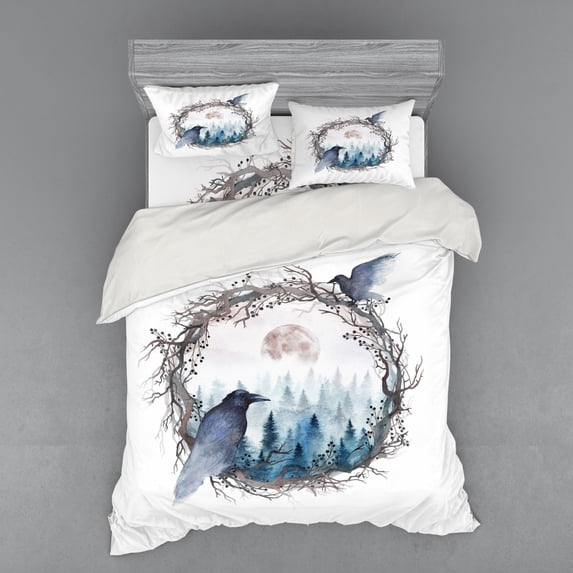 Ambesonne Nature Bedding Set 4 Pcs, Foggy Forest Crow Watercolor, Queen, Blue Grey Pale Salmon