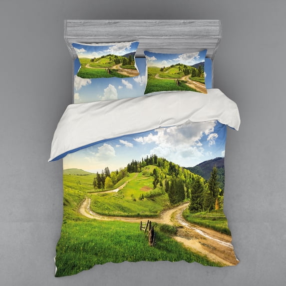 Ambesonne Nature Bedding Set 4 Pcs, Hillside Meadow Trees, Queen, Green Blue