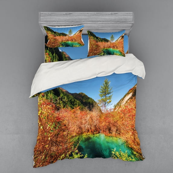Ambesonne Nature Bedding Set 4 Pcs, Idyllic Autumn Season, Queen, Green Amber