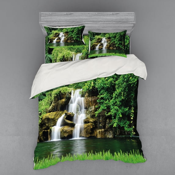 Ambesonne Nature Bedding Set 4 Pcs, Lake Garden Waterfall, Queen, Green