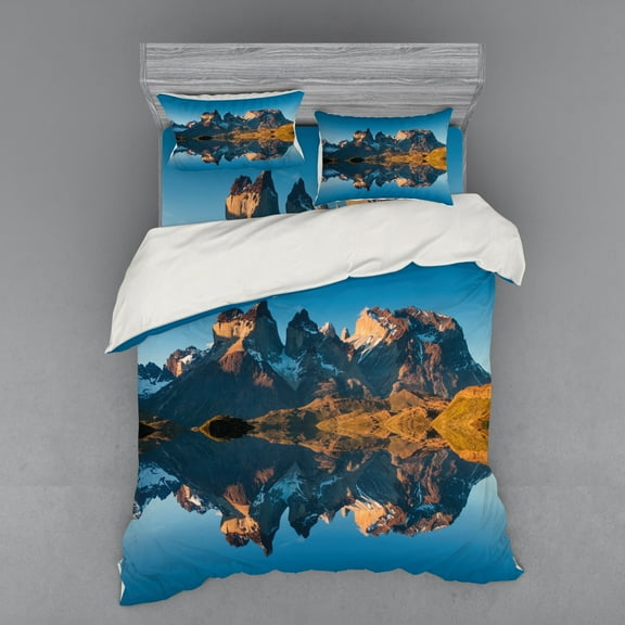 Ambesonne Nature Bedding Set 4 Pcs, Majestic Rocky Mountain, Queen, Blue and Brown