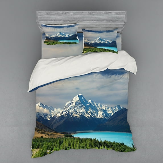 Ambesonne Nature Bedding Set 4 Pcs, Mount Cook Pukaki Lake, Queen, Blue White Green