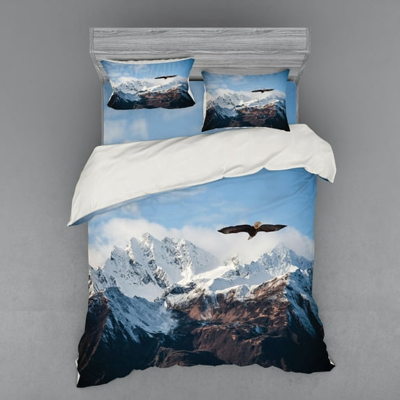 Ambesonne Nature Bedding Set 4 Pcs, Mountain Flying Eagle, Queen, Brown White Blue